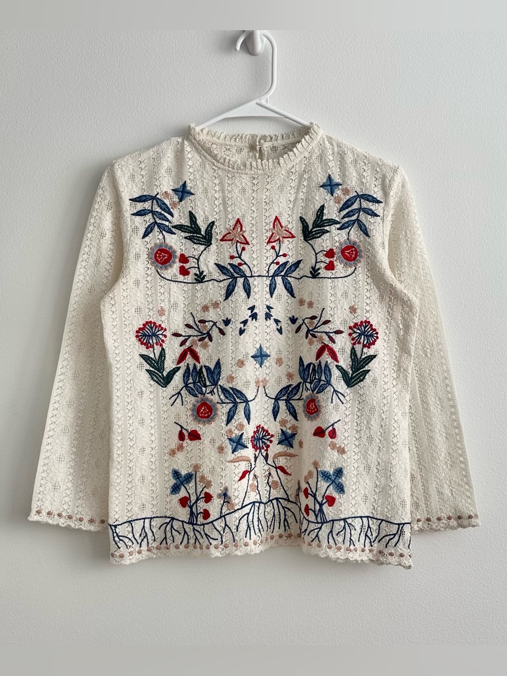 Sezane Garance Floral Embroidered Pointelle Cotton Crew Neck 3/4 Sleeve Blouse - Picture 1 of 5